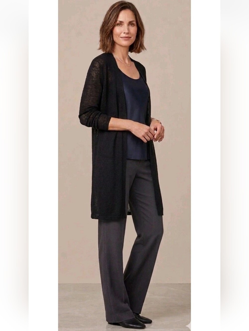 Eileen Fisher Black Linen Knit Open Cardigan  Slightly Sheer Sweater! Size L
